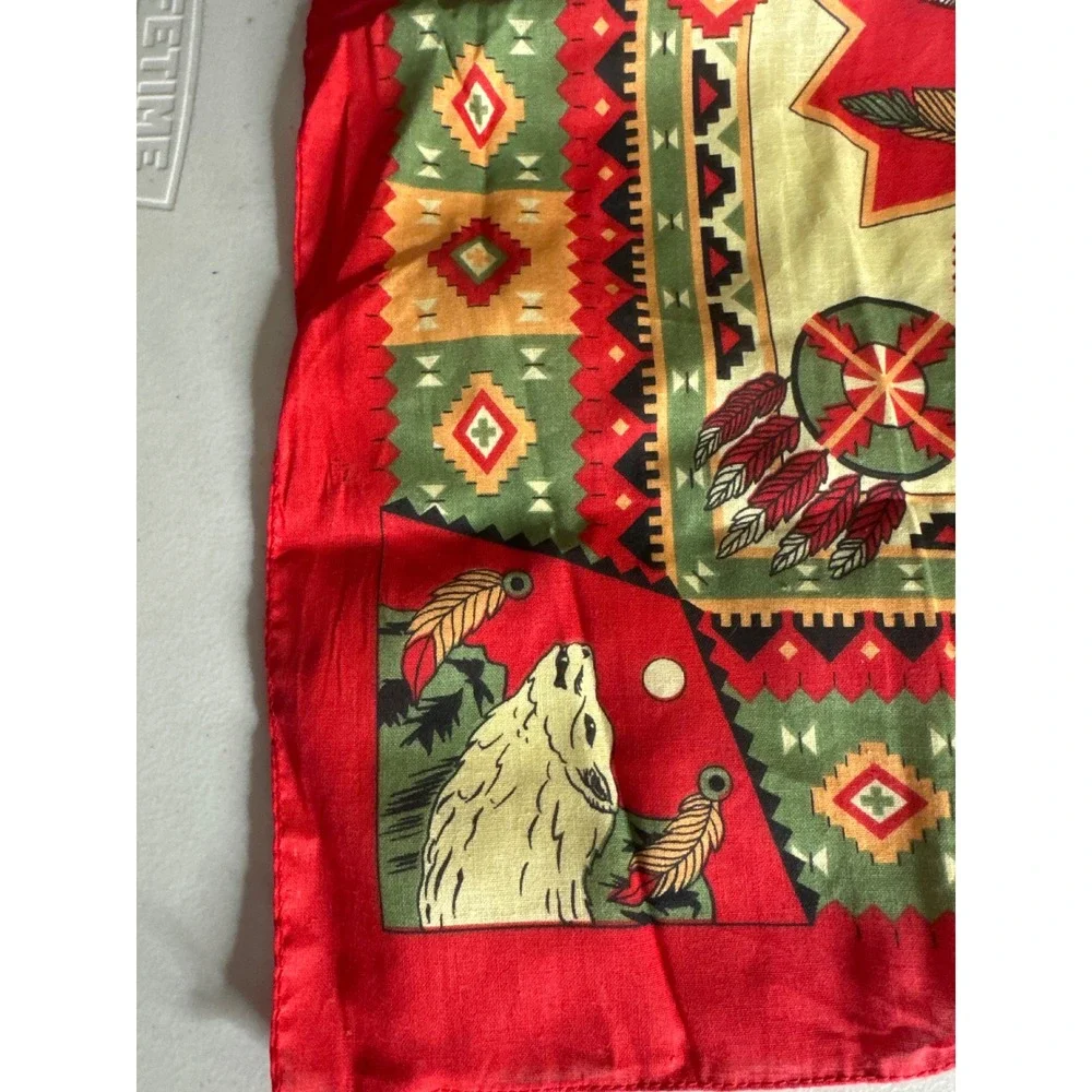 Vintage Paris Accessories Red Cotton Bandana Eagle Wolf Skull Southwestern USA